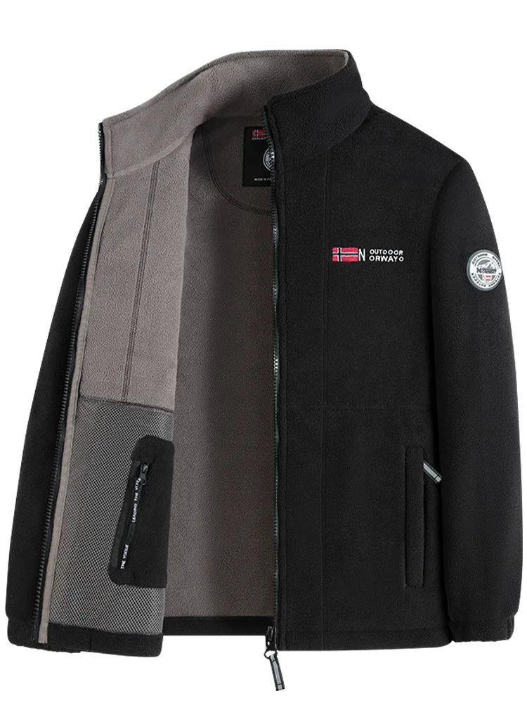 Navy Blue Fleece Zip - Up Jacket with Norwegian Flag and "Outdoor Norway" Embroidery