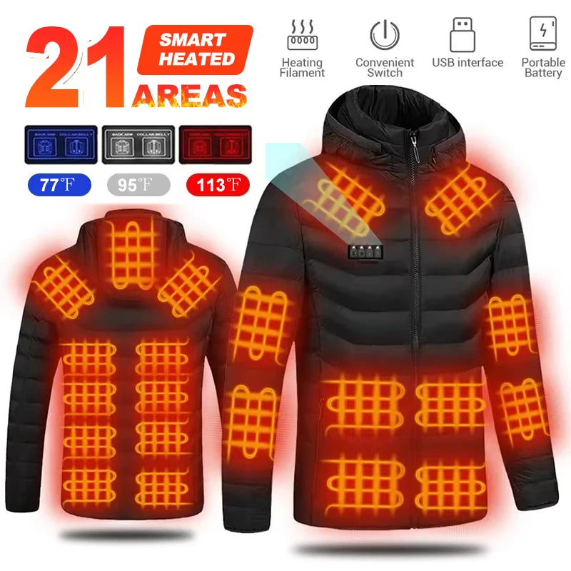 21 Areast Heated Jacket Men Warm Vest USB Self Heating Jacket Women Heated Coat Ski Camping Hiking Winter Cotton Clothes Washed